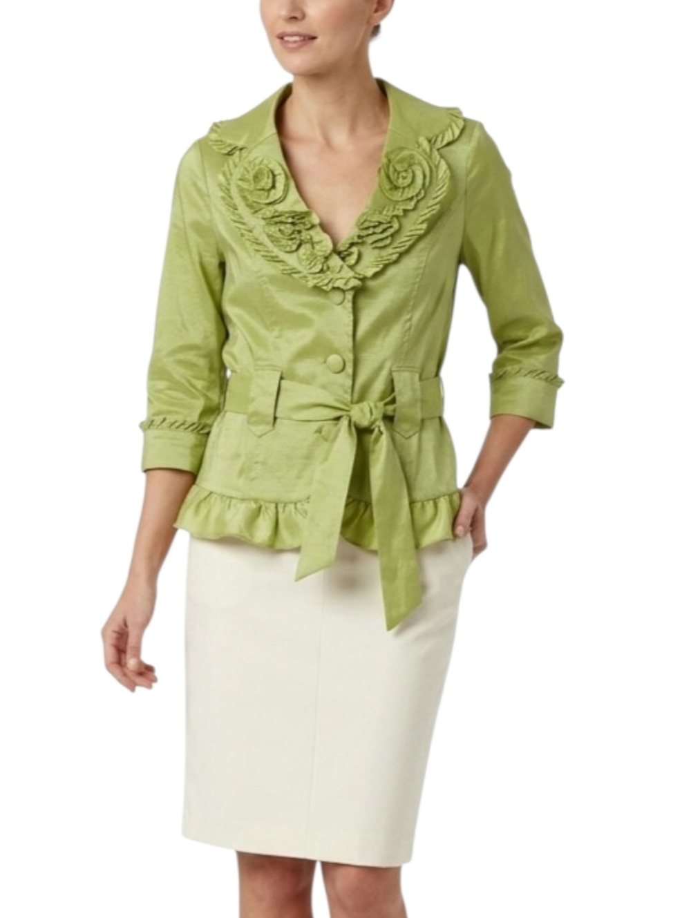 Jerry T Ruffle Rosette Blouse Belted Stretch Taffeta 3/4 Sleeves Formal M